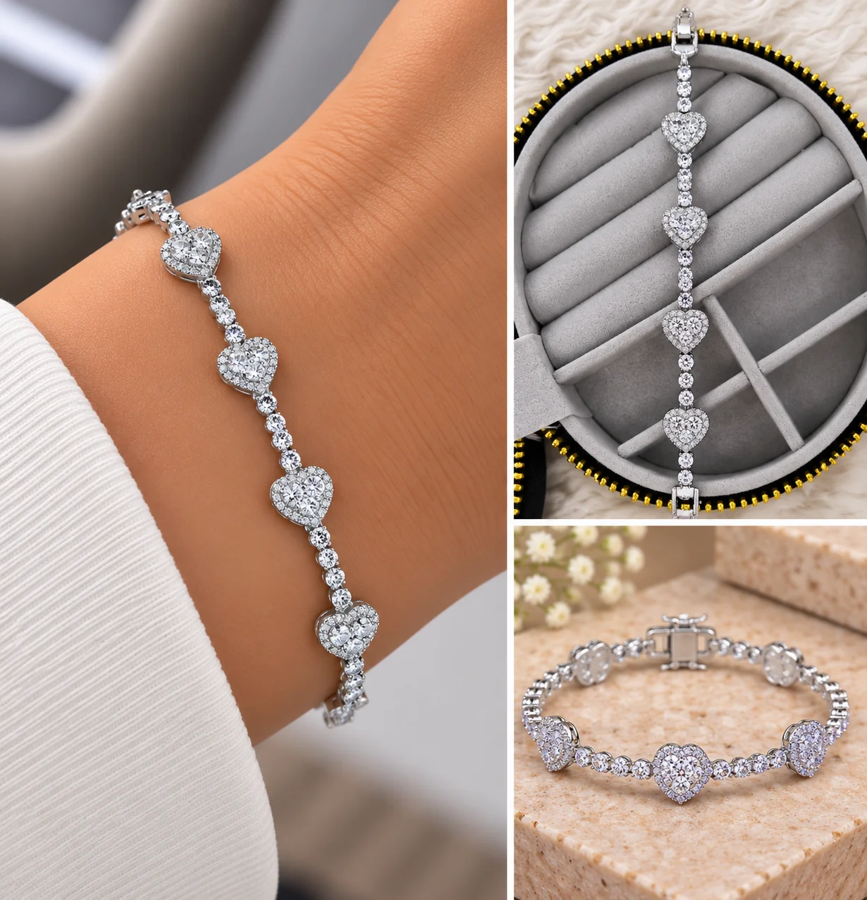 061337b4-9f62-45b6-8d0a-0f2e50e08653.webp Kalp Taşlı Silver Bileklik Sıralı kalp formundaki pa - Görsel 1
