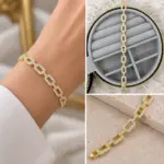 Taşlı Dikdörtgen Halkalı Gold Bileklik