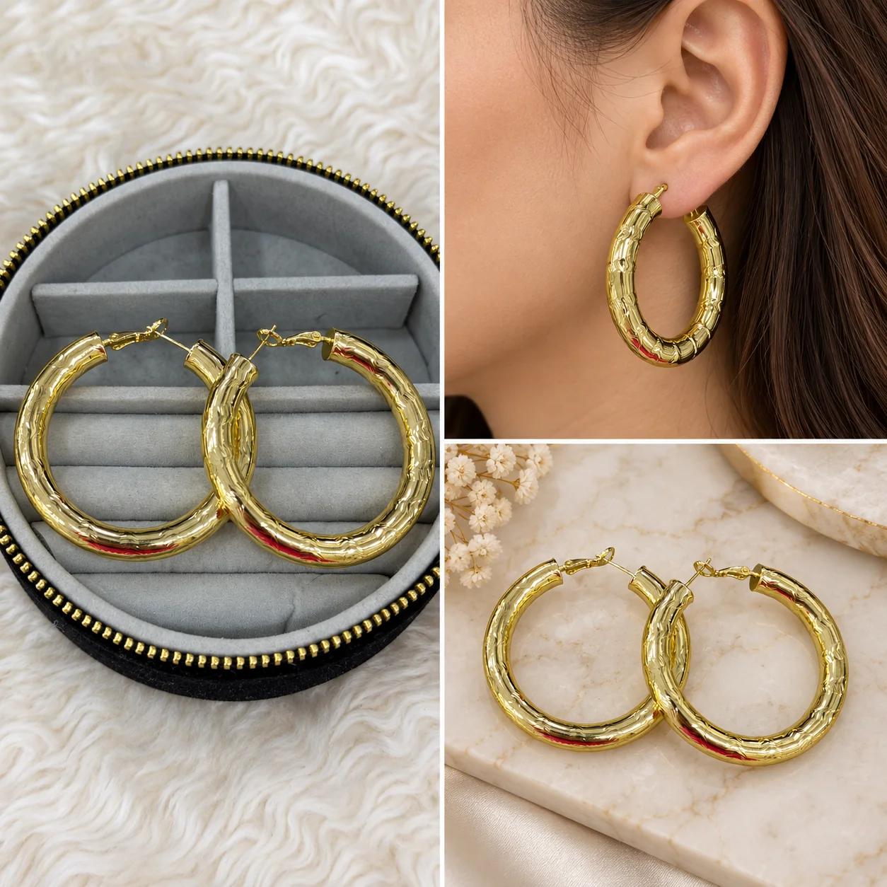 0c551297-48d6-479c-b957-037232826b74.webp Gold Büyük Boy Dokulu Halka Küpe - Görsel 1