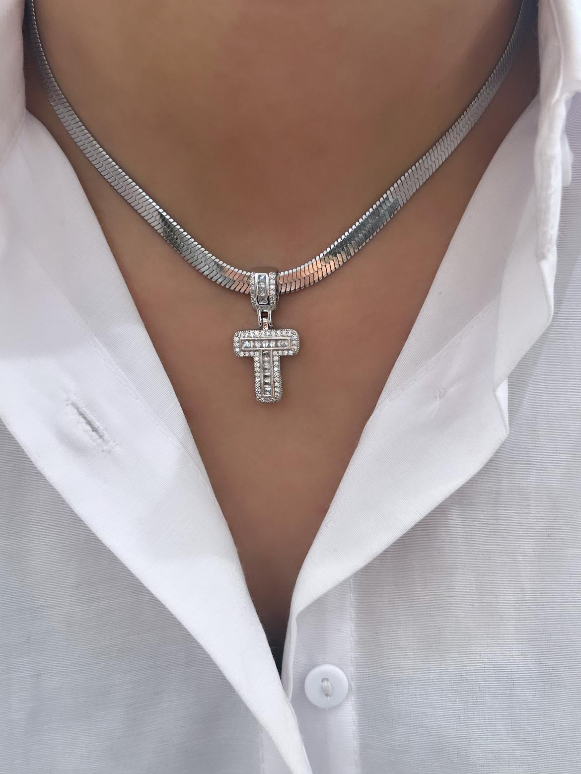 1-11.jpg Çelik Silver T Harf Kolye 45cm - Görsel 1