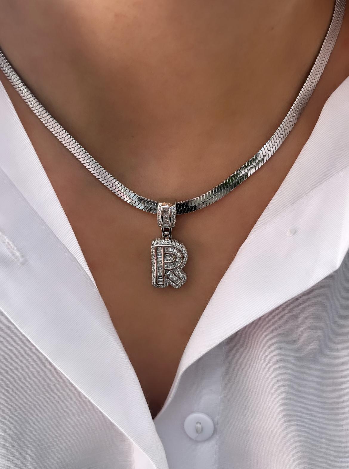 1-21.jpg Çelik Silver R Harf Kolye 45cm - Görsel 1