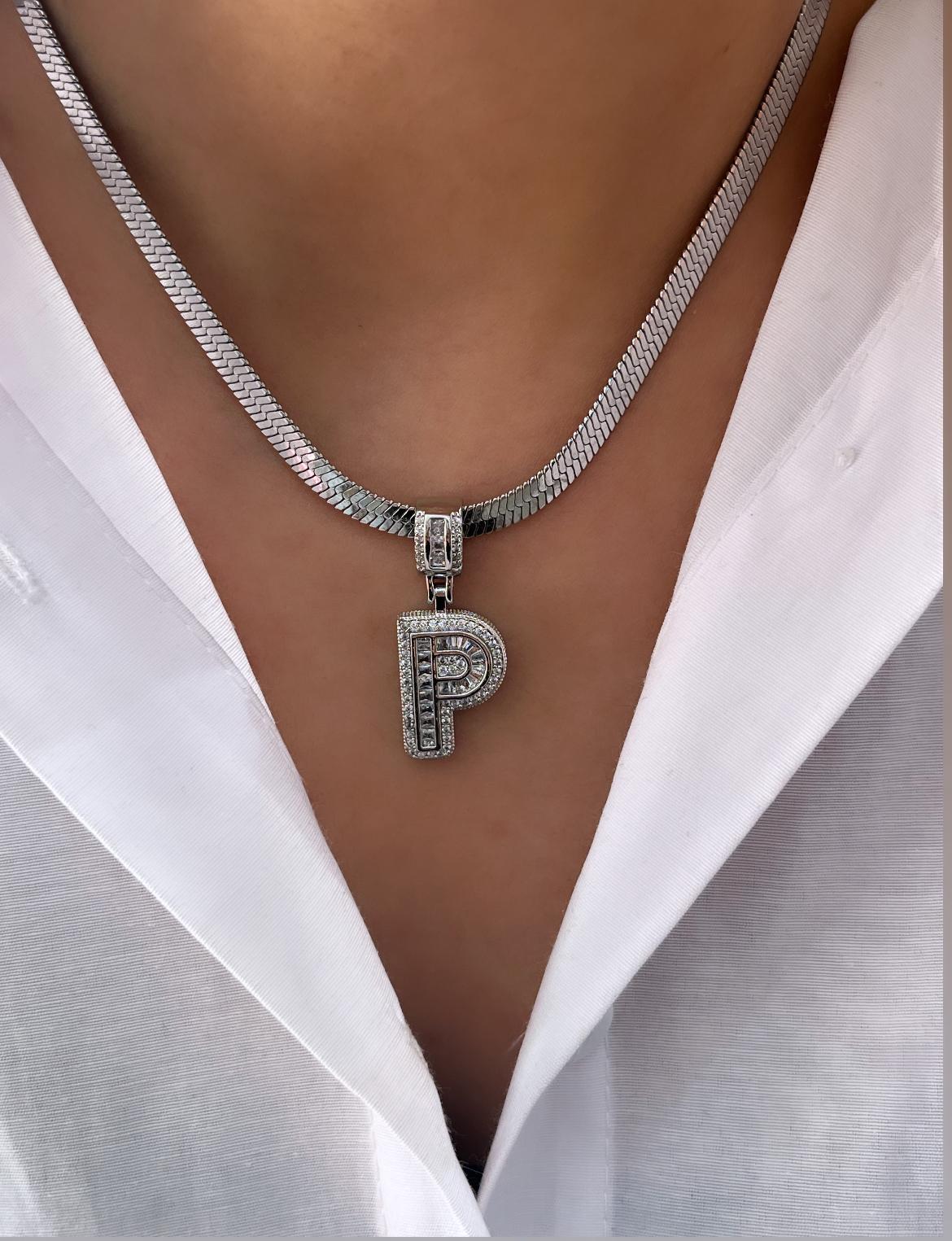 1-22.jpg Çelik Silver P Harf Kolye 45cm - Görsel 1