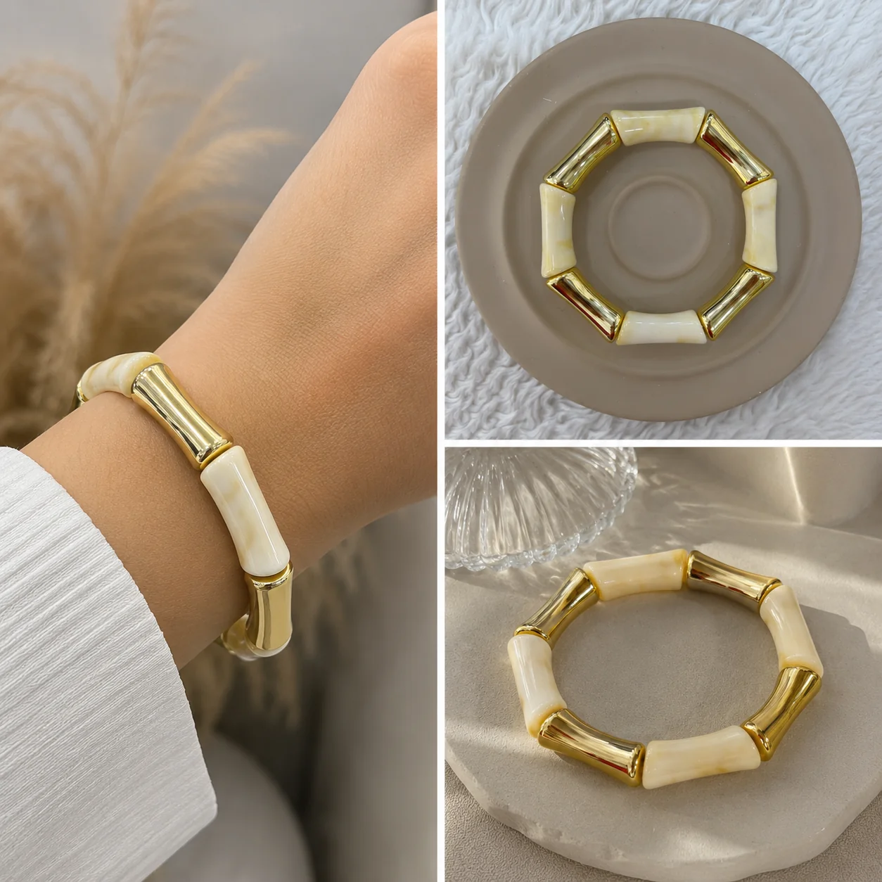 1c0f06b0-78f0-4deb-b2f9-85d01d7ff2ef.webp Krem Gold Detaylı Parçalı Bileklik - Görsel 1