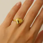 Gold Renkli Puf Kalp Ayarlanabilir Çelik Yüzük