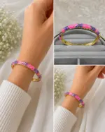 Pembe Mor Desenli Gold Kelepçe Bileklik