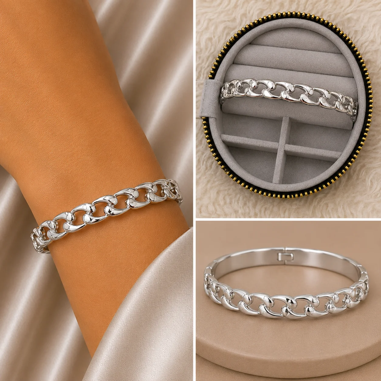 3a21adbd-ffdd-43c0-811c-ea2eb0afc12f.webp Modern Zincir Desenli Silver Kelepçe Bileklik - Görsel 1
