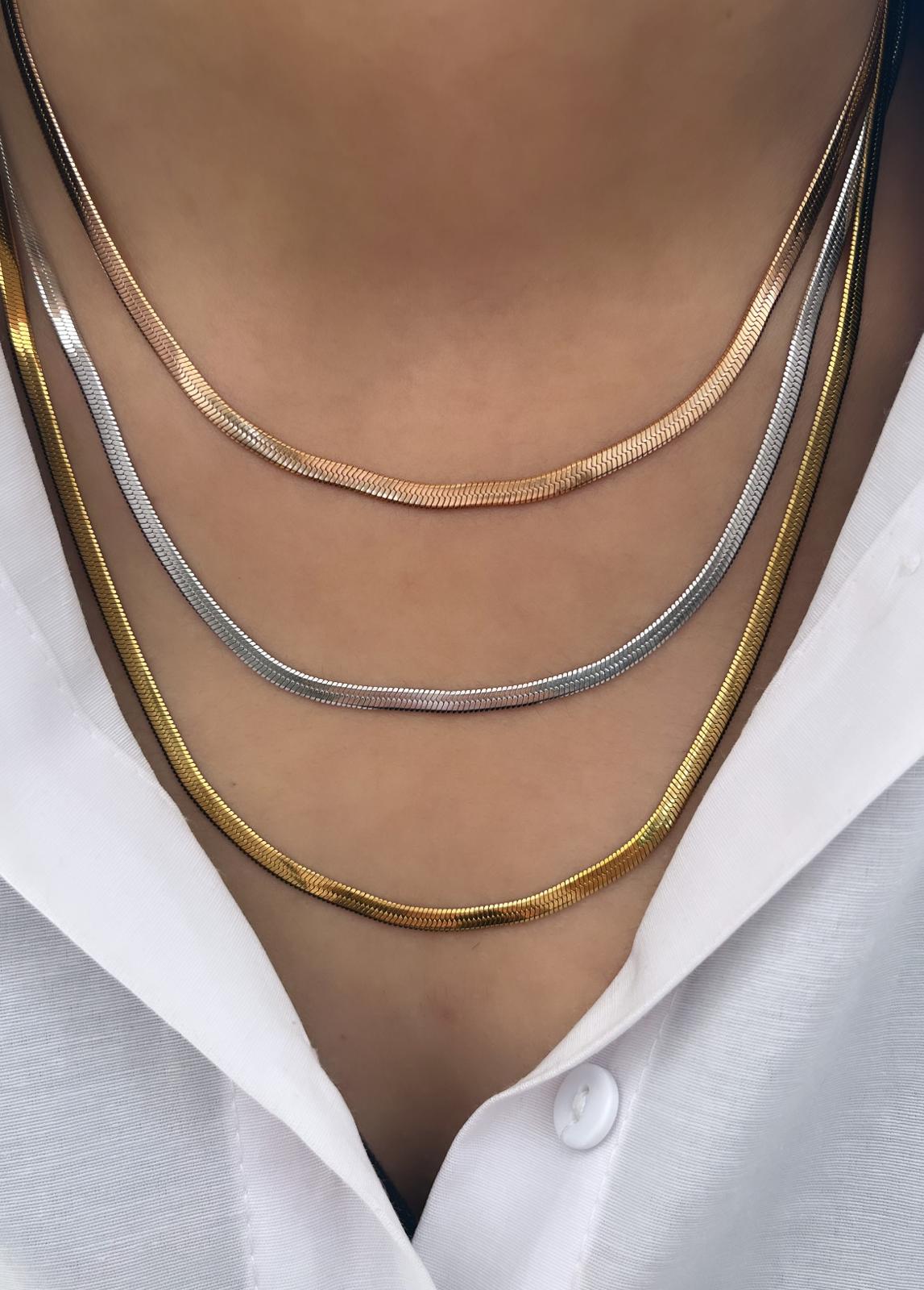 5-1.jpg Çelik Üçlü Yılan Zincir Kolye Seti - Rose Gold, Gümüş ve Altın Renk - Görsel 1