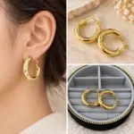 Gold Dokulu Bombeli Küçük Boy Halka Küpe