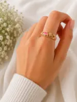 Pembe Çiçek Detaylı Gold Ayarlanabilir Yüzük - Görsel 3