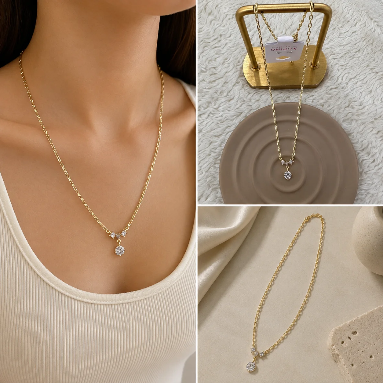 57116c5d-e4e8-4f52-bdb8-81a53a5b980d.webp Xuping Tek Taş Sallantılı Gold Kolye - Görsel 1