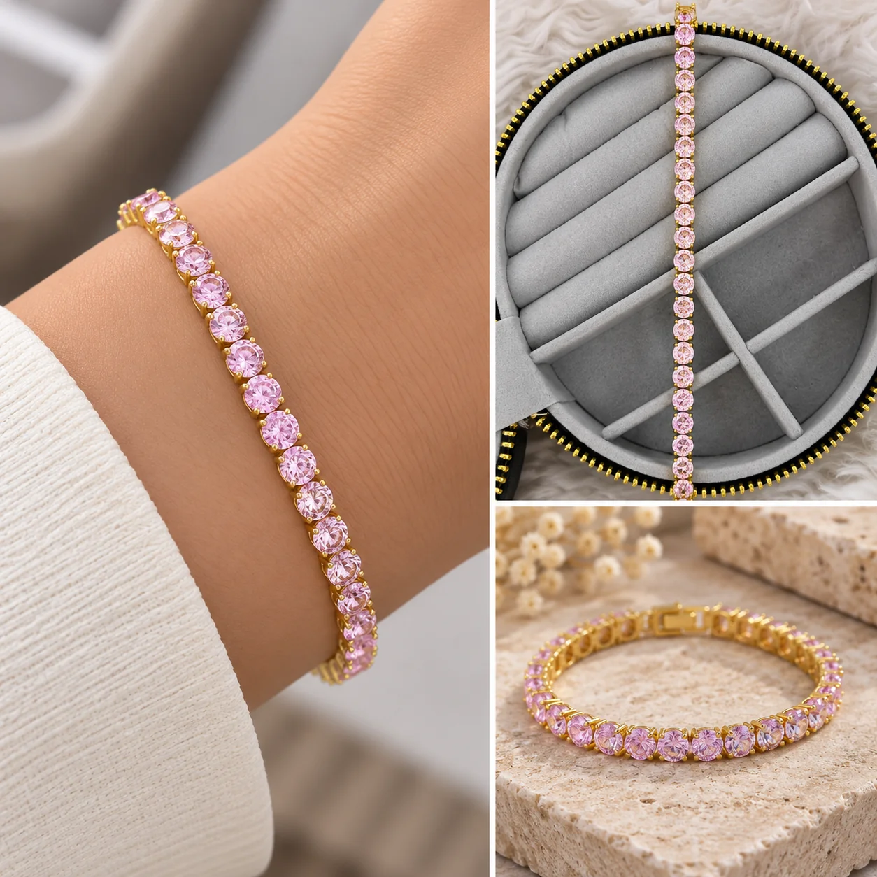 6089faa8-d49b-4941-8d42-8fa49ae063cc.webp Pembe Taşlı Gold Sıra Bileklik - Görsel 1