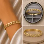 Modern Zincir Desenli Gold Kelepçe Bileklik