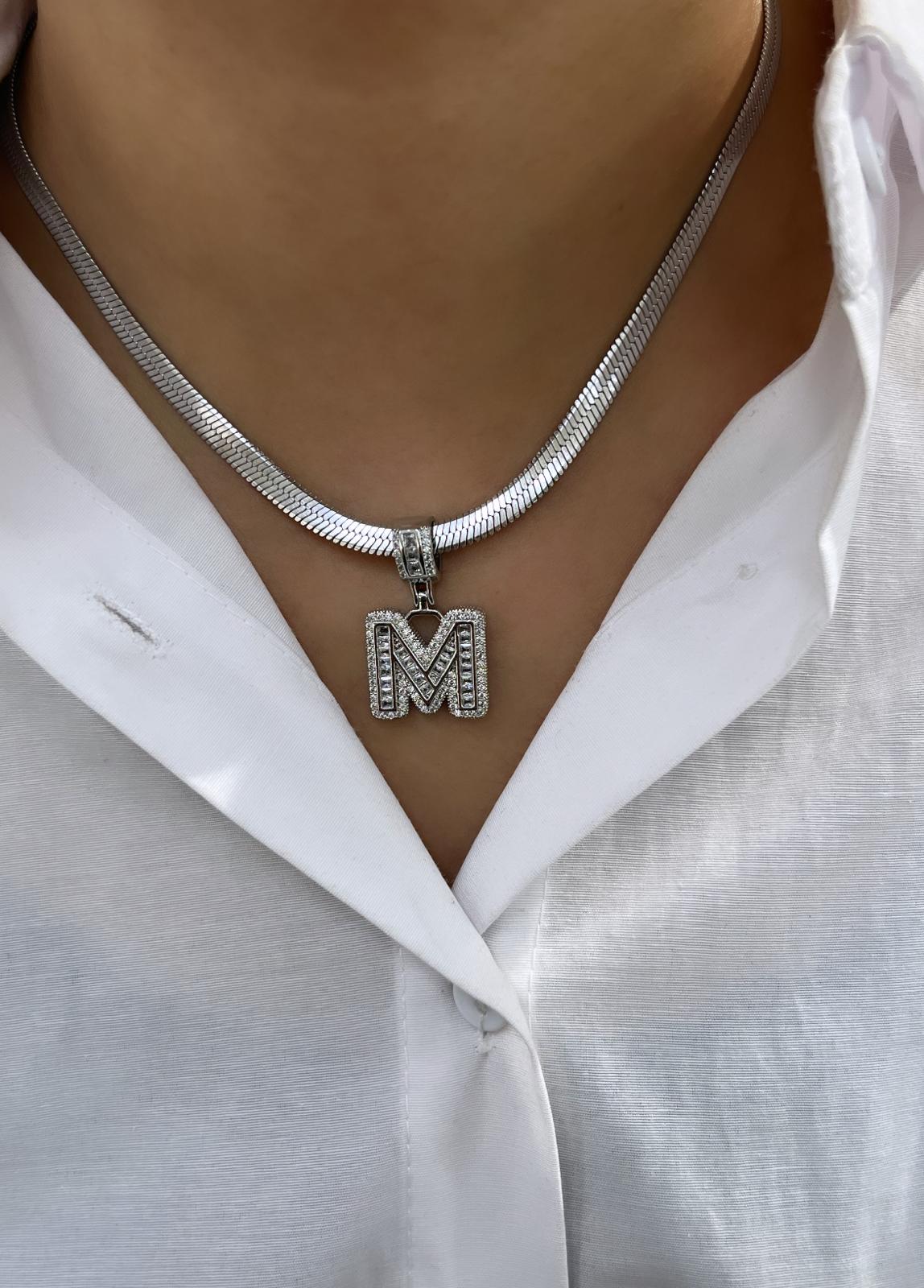 7-1.jpg Çelik Silver M Harf Kolye 45cm - Görsel 1