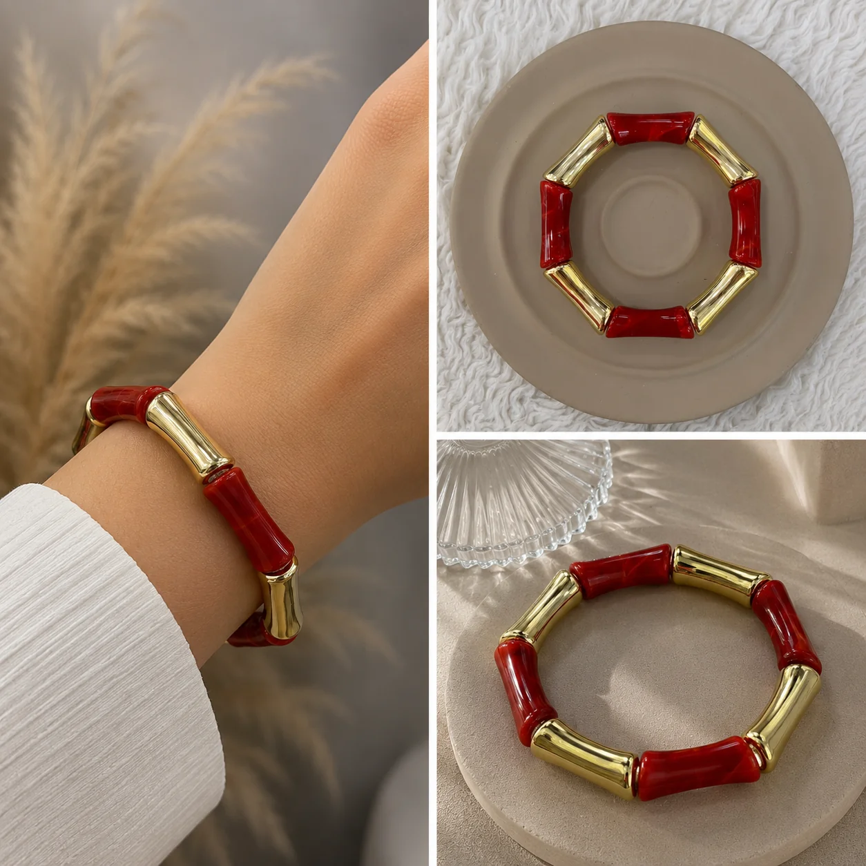 85f91feb-b2d8-4f8f-bd15-97cfc094101e.webp Kırmızı gold detaylı modern bileklik - Görsel 1