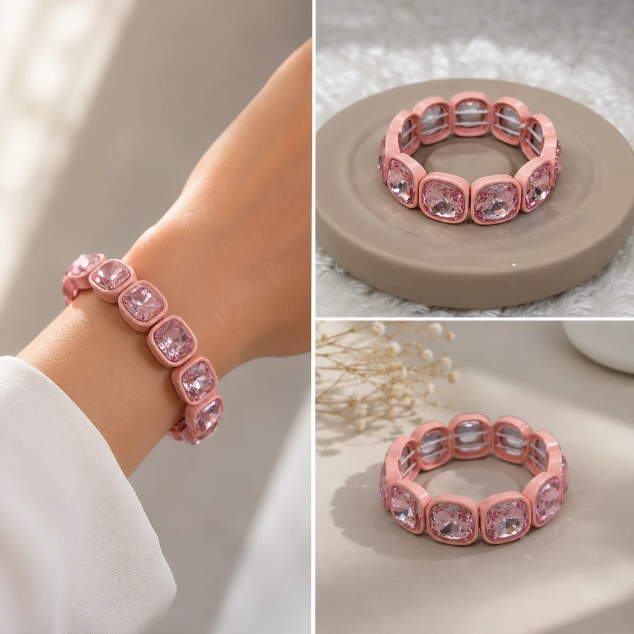 945a9a54-1f70-46d8-b412-572665198fb3.webp Pembe Taşlı Esnek Bileklik - Görsel 1