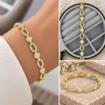 Taşlı Oval ve Baklava Detaylı Gold Bileklik