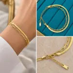 İkili Zincir Detaylı Gold Bileklik