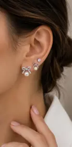 3’lü Silver Renk İnci ve Taşlı Fiyonk Küpe Seti