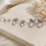 3’lü Silver Renk İnci ve Taşlı Fiyonk Küpe Seti - Görsel 2