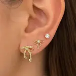 3’lü Gold Renk Taşlı Fiyonk Küpe Seti