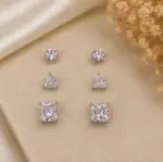 3’lü Silver Renk Yuvarlak Üçgen ve Kare Tek Taş Küpe Seti - Görsel 2