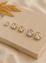 3’lü Gold Renk Tek Taş ve Yuvarlak Taşlı Küpe Seti - Görsel 2