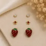 3’lü Gold Renk Tek Taş, Mini Çiçek ve Çilek Küpe Seti - Görsel 2