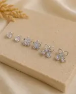 3’lü Silver Renk Tek Taş, Çiçek ve Taşlı Fiyonk Küpe Seti - Görsel 2