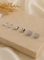 3’lü Silver Renk Tek Taş, Kalp ve Taşlı Düğüm Küpe Seti - Görsel 2