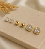 3’lü Gold Renk Tek Taş, Top ve Büyük Taşlı Küpe Seti - Görsel 2