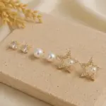 3’lü Gold Renk İnci ve Taşlı Yıldız Küpe Seti - Görsel 2