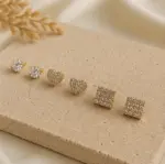 3’lü Gold Renk Taşlı Kalp ve Kare Küpe Seti - Görsel 2