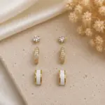 3’lü Gold Renk Taşlı ve Beyaz Detaylı Küpe Seti - Görsel 2