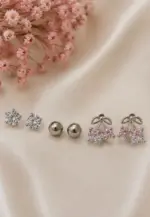 Silver Renk Fiyonk ve Zirkon Taş Detaylı 6'lı Küpe Seti - Görsel 2