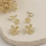 Gold Renk Çiçek Figürlü Zirkon Taşlı 6'lı Küpe Seti - Görsel 2