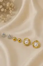 Altın Renk İnci Detaylı Modern Tasarım 6'lı Küpe Seti - Görsel 2