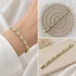 Gold Çift V Detaylı Taşlı Bileklik