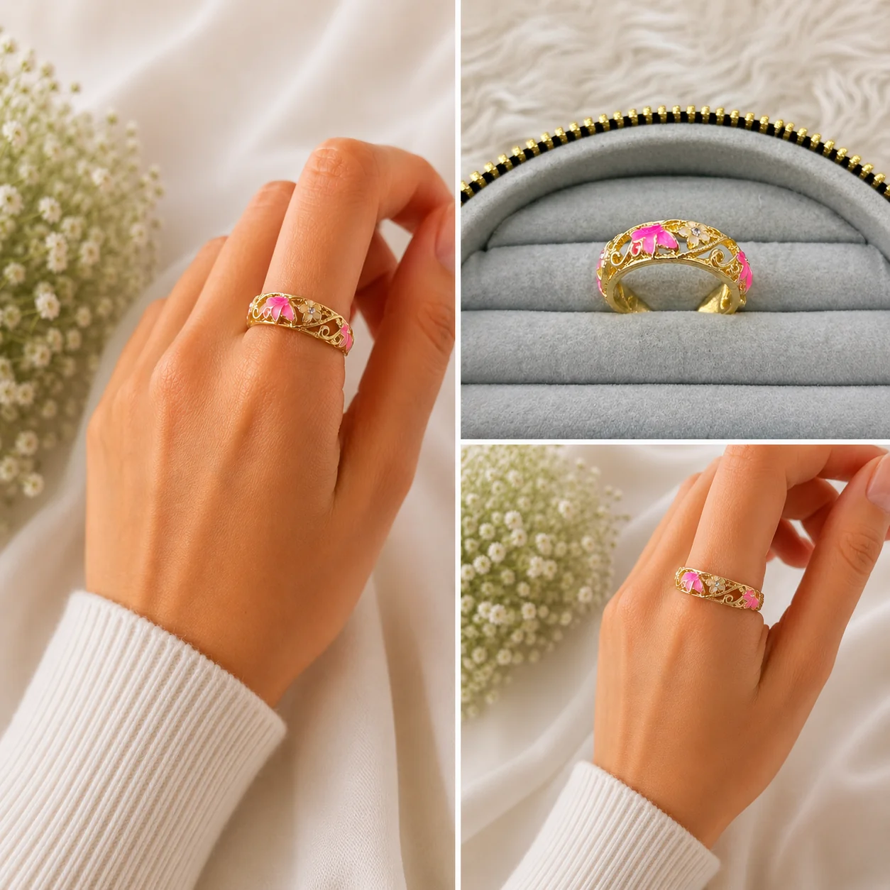 c08b9e34-d535-4ded-9c67-4c948decef66.webp Pembe Çiçek Detaylı Gold Ayarlanabilir Yüzük - Görsel 1
