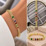 Renkli Taşlı Yaprak Detaylı Gold Bileklik