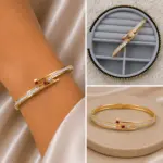 Minimal Taş Detaylı Gold Kelepçe Bileklik