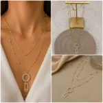 Gold Renk Taşlı Geometrik Sallantılı Çoklu Zincir Kolye