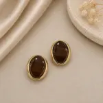 Kahverengi Taş Detaylı Oval Gold Renk Küpe - Görsel 2
