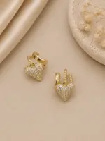 Taşlı Kalp Sallantılı Gold Renk Halka Küpe - Görsel 2