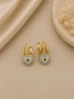Mavi Taş Detaylı Kalp Sallantılı Gold Renk Küpe - Görsel 2