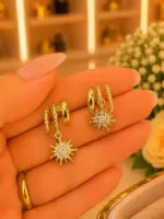 Güneş Figürlü Taşlı Gold Renk Sallantılı Küpe