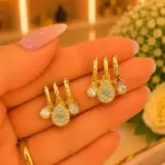 Nazar Figürlü Taşlı Gold Renk Üçlü Halka Küpe