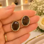 Kahverengi Taş Detaylı Oval Gold Renk Küpe