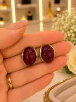 Bordo Taşlı Damla Form Gold Renk Küpe