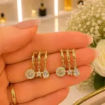 Gold Renk Yıldız ve Damla Taşlı Sallantılı Küpe