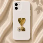 Gold Kalp ve Taşlı Çiçek Detaylı Telefon Charmı